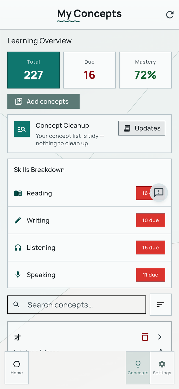 The My Concepts screen on a phone: 227 concepts tracked, 16 due, with per-skill due counts for reading, writing, listening, and speaking