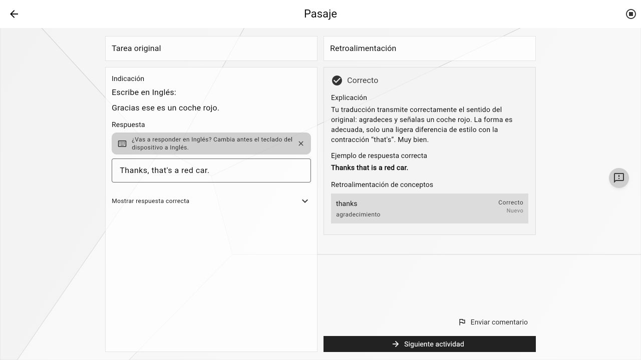 An English production prompt on the left and concept-specific Shaded feedback in Spanish on the right