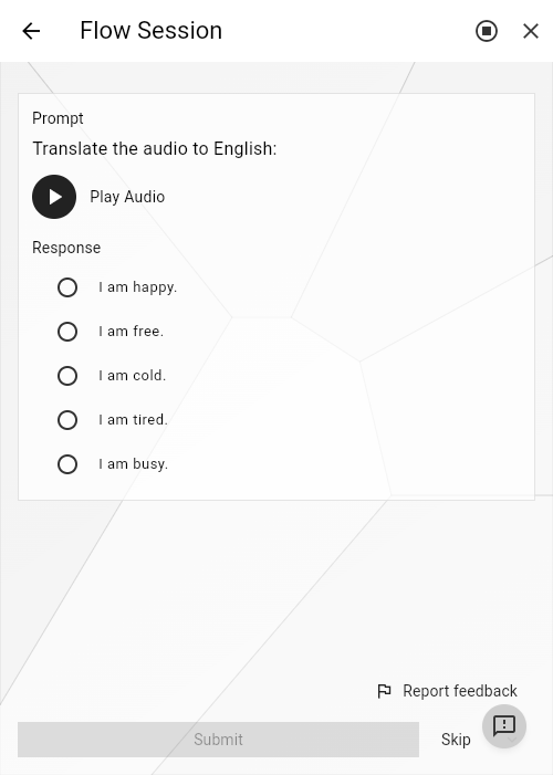 A Shaded exercise in light mode: translate the audio to English, with multiple-choice answers