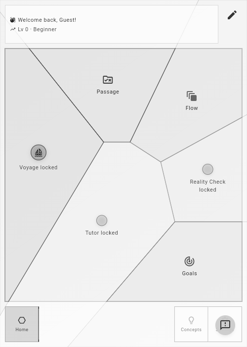 The Shaded home map in light mode, with Flow, Passage, Tutor, Reality Check, and Goals
