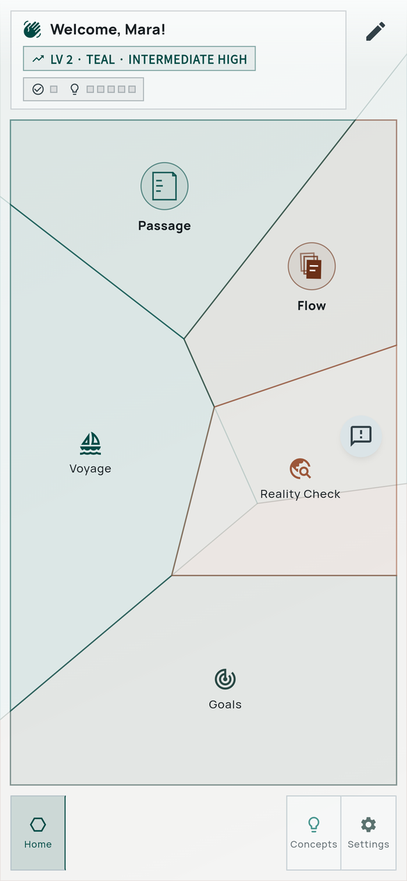 A real learner's home map on a phone at level 2, with tinted regions for Passage, Flow, Voyage, Reality Check, and Goals