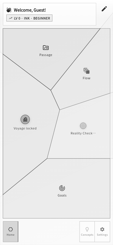 The InkField home map on a phone with Passage, Flow, Voyage, Reality Check, and Goals