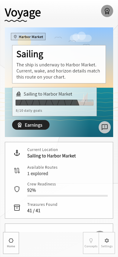 The InkField Voyage screen on a phone, sailing toward Harbor Market