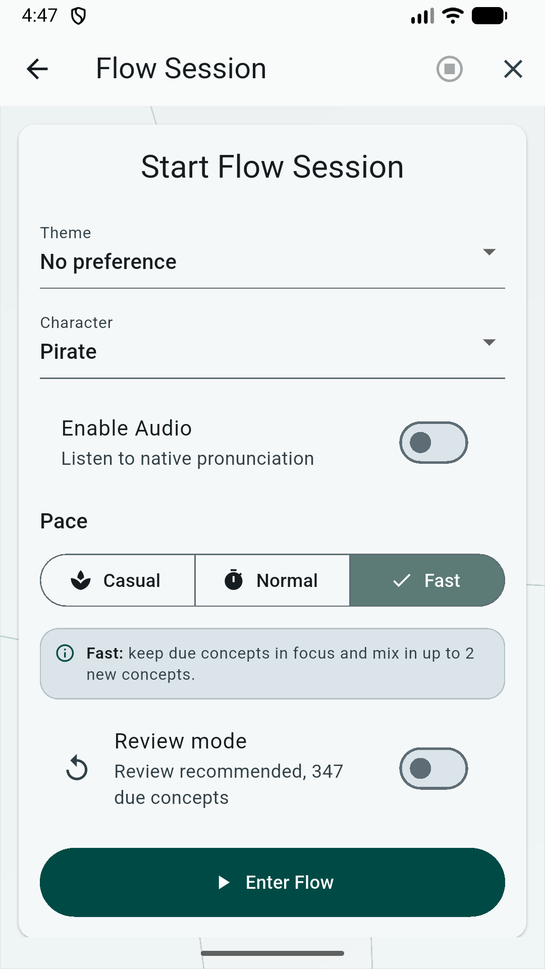 Shaded Flow setup on a phone with pace, audio, and 347 due concepts shown before the session