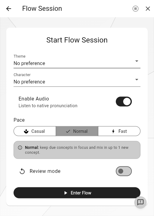 A Shaded session setup in light mode: theme, tutor character, audio, and a pace that keeps due concepts in focus