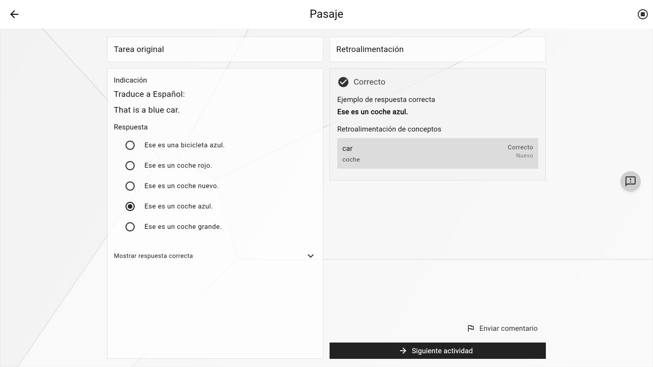 A Spanish translation prompt on the left and concept-specific Shaded feedback on the right