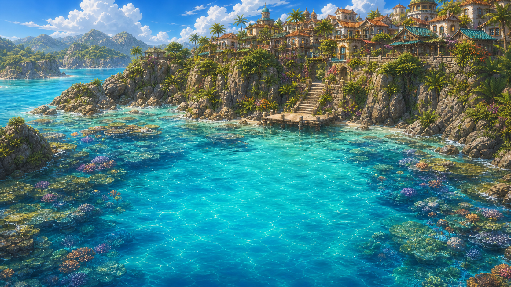 A Shaded ship approaching a vivid coral-reef harbor