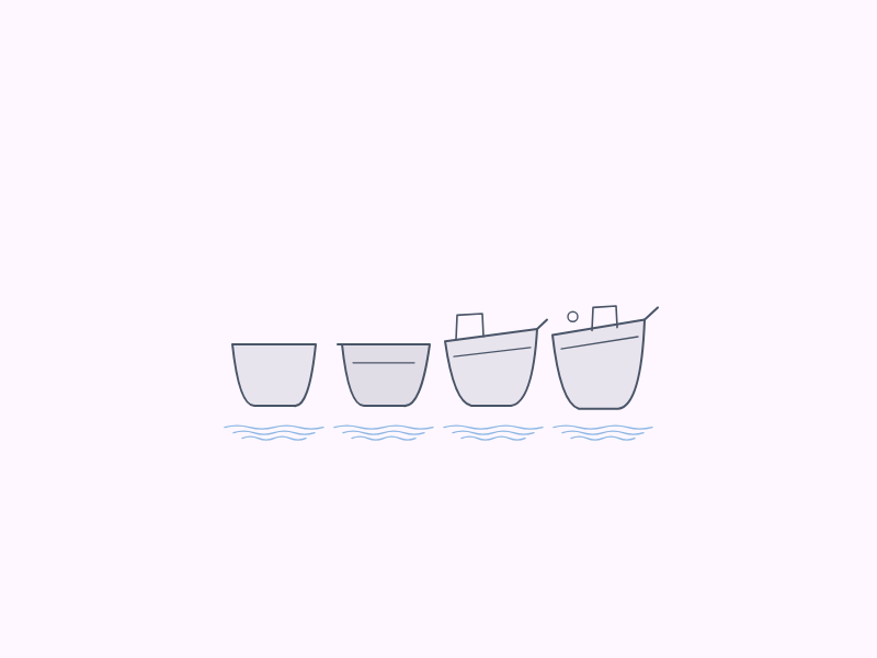 A row of boats growing from a bare hull to a fully rigged ship