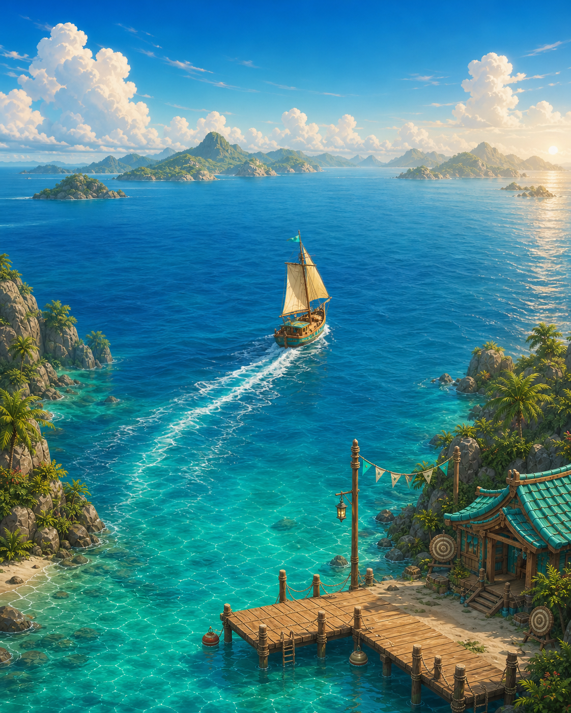Concept art of a ship departing a dock onto a wide turquoise sea